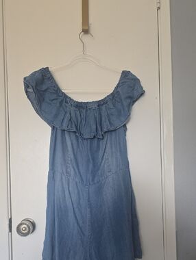 Altar'd State Denim Blue Off-Shoulder Jumpsuit Romper